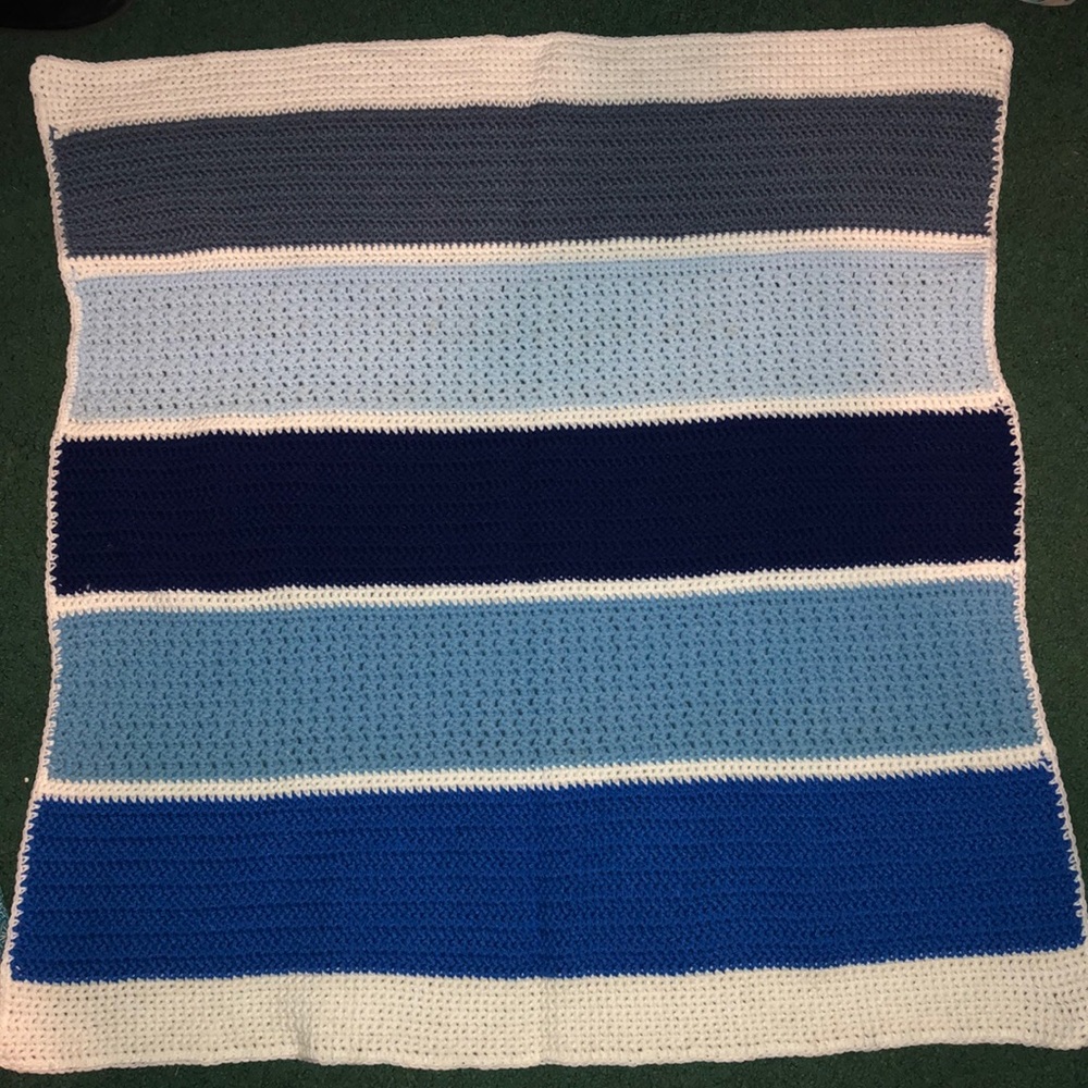 Hand crafted crochet multiple blue baby blanket